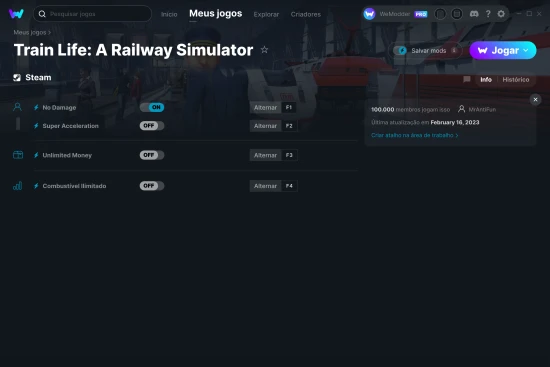 Captura de tela de cheats do Train Life: A Railway Simulator