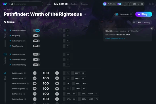 Pathfinder: Wrath of the Righteous cheats screenshot
