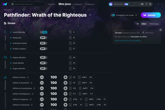 Capture d'écran de triches de Pathfinder: Wrath of the Righteous