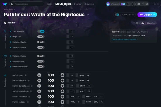 Captura de tela de cheats do Pathfinder: Wrath of the Righteous