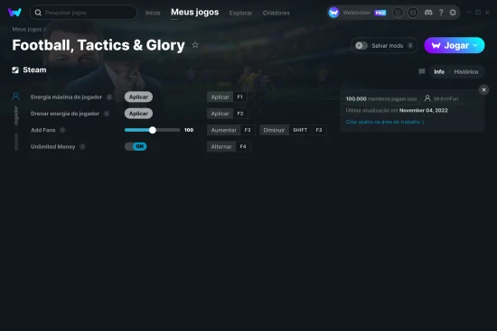 Captura de tela de cheats do Football, Tactics & Glory