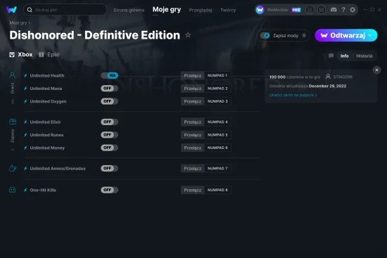 cheaty Dishonored - Definitive Edition zrzut ekranu
