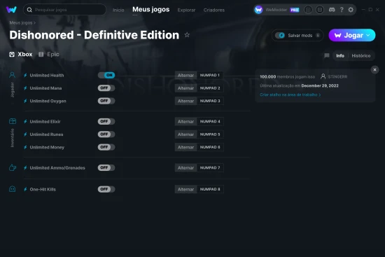 Captura de tela de cheats do Dishonored - Definitive Edition