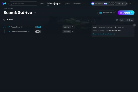 Captura de tela de cheats do BeamNG.drive