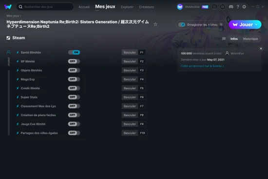 Capture d'écran de triches de Hyperdimension Neptunia Re;Birth2: Sisters Generation / 超次次元ゲイム ネプテューヌRe;Birth2