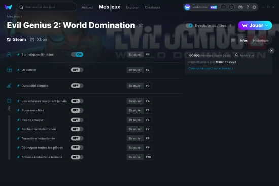 Capture d'écran de triches de Evil Genius 2: World Domination