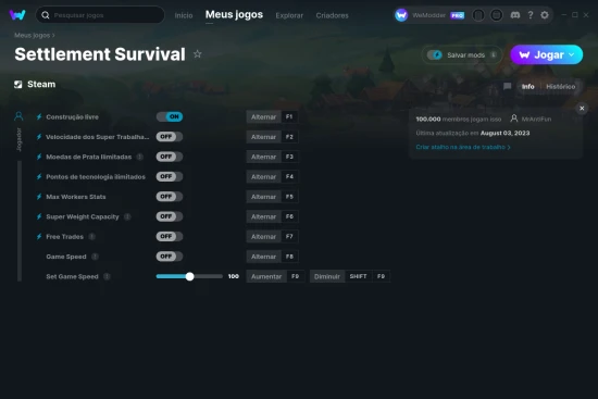 Captura de tela de cheats do Settlement Survival