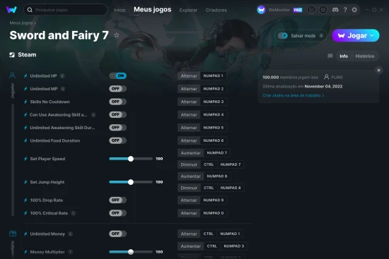 Captura de tela de cheats do Sword and Fairy 7