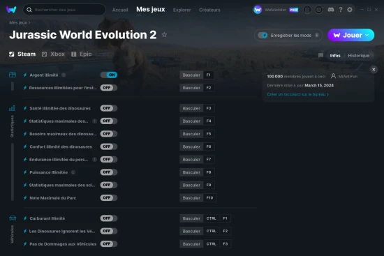 Capture d'écran de triches de Jurassic World Evolution 2
