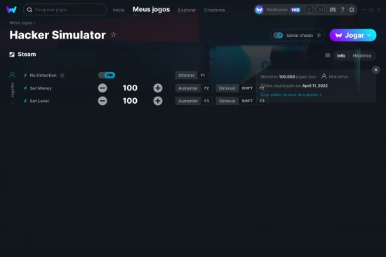 Captura de tela de cheats do Hacker Simulator