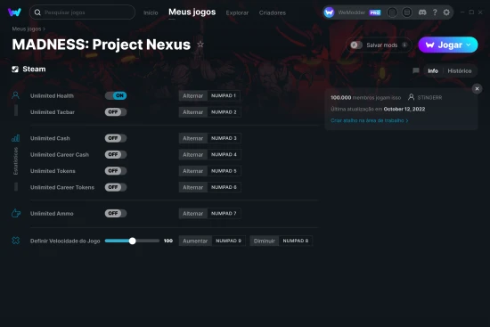 Captura de tela de cheats do MADNESS: Project Nexus