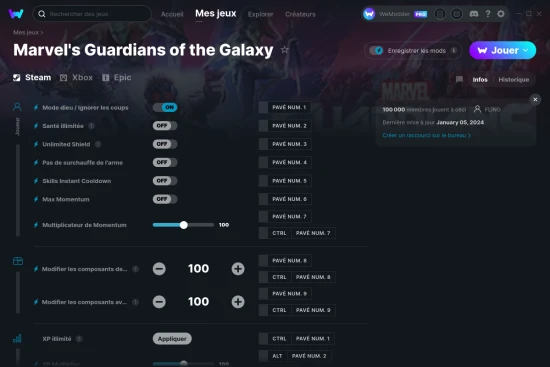 Capture d'écran de triches de Marvel's Guardians of the Galaxy