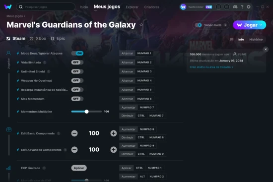 Captura de tela de cheats do Marvel's Guardians of the Galaxy
