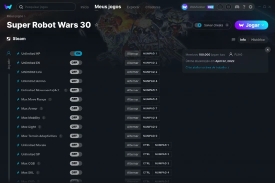 Captura de tela de cheats do Super Robot Wars 30