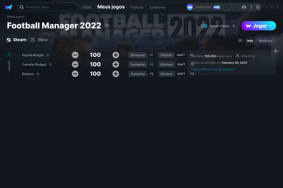 Captura de tela de cheats do Football Manager 2022