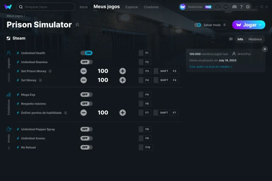 Captura de tela de cheats do Prison Simulator
