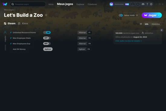 Captura de tela de cheats do Let's Build a Zoo