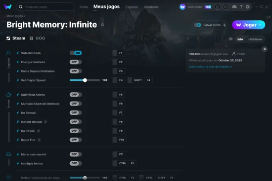 Captura de tela de cheats do Bright Memory: Infinite