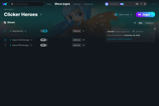 Captura de tela de cheats do Clicker Heroes