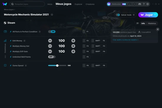 Captura de tela de cheats do Motorcycle Mechanic Simulator 2021