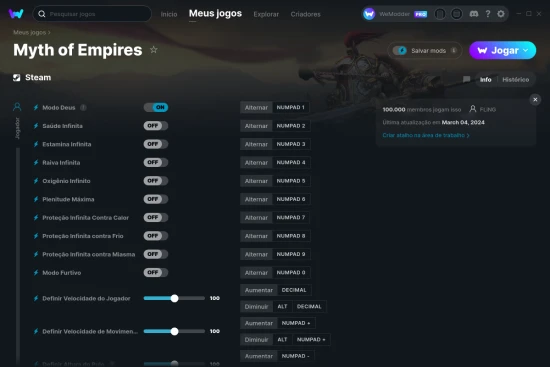 Captura de tela de cheats do Myth of Empires