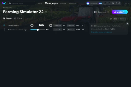 Captura de tela de cheats do Farming Simulator 22