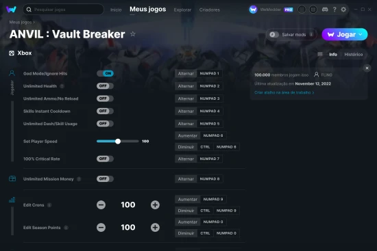 Captura de tela de cheats do ANVIL : Vault Breaker