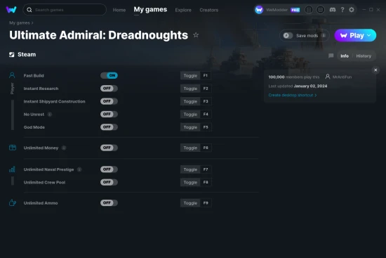 Ultimate Admiral: Dreadnoughts cheats screenshot