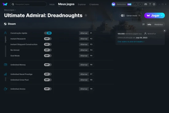 Captura de tela de cheats do Ultimate Admiral: Dreadnoughts