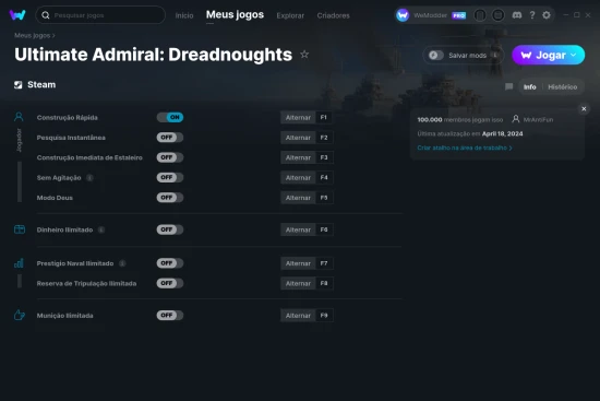 Captura de tela de cheats do Ultimate Admiral: Dreadnoughts
