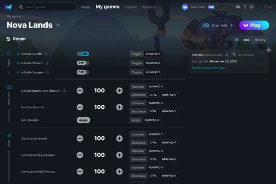 Nova Lands cheats screenshot