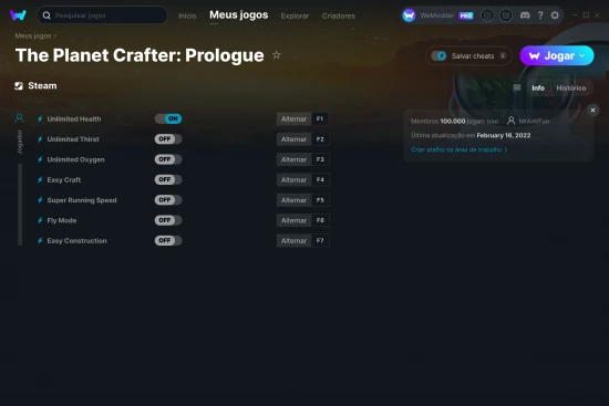 Captura de tela de cheats do The Planet Crafter: Prologue