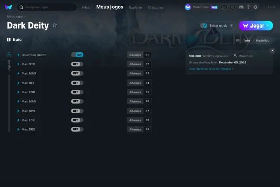 Captura de tela de cheats do Dark Deity