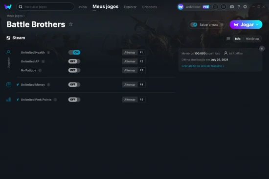 Captura de tela de cheats do Battle Brothers