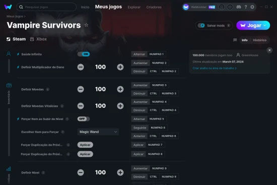 Captura de tela de cheats do Vampire Survivors