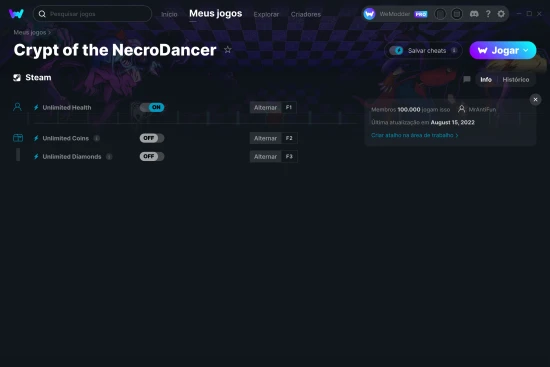 Captura de tela de cheats do Crypt of the NecroDancer