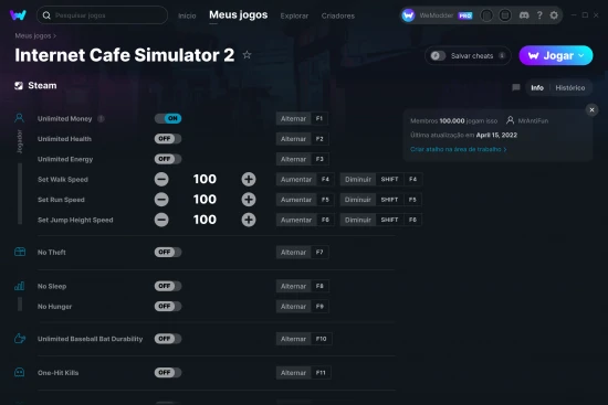 Captura de tela de cheats do Internet Cafe Simulator 2