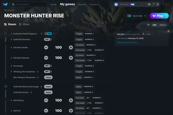 MONSTER HUNTER RISE cheats screenshot