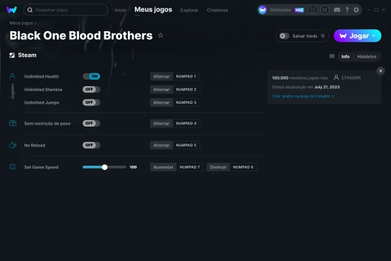 Captura de tela de cheats do Black One Blood Brothers