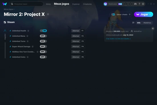 Captura de tela de cheats do Mirror 2: Project X