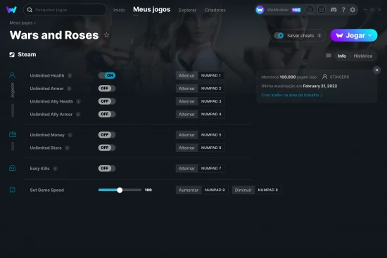 Captura de tela de cheats do Wars and Roses