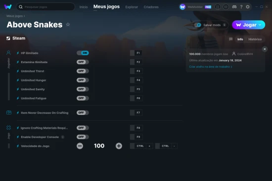 Captura de tela de cheats do Above Snakes