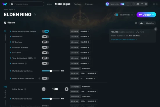 Captura de tela de cheats do ELDEN RING