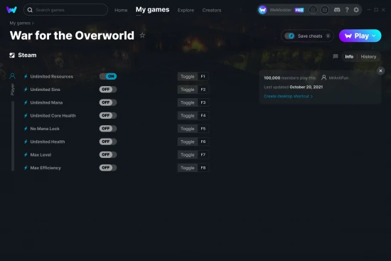 War for the Overworld cheats screenshot