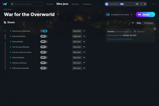 Capture d'écran de triches de War for the Overworld