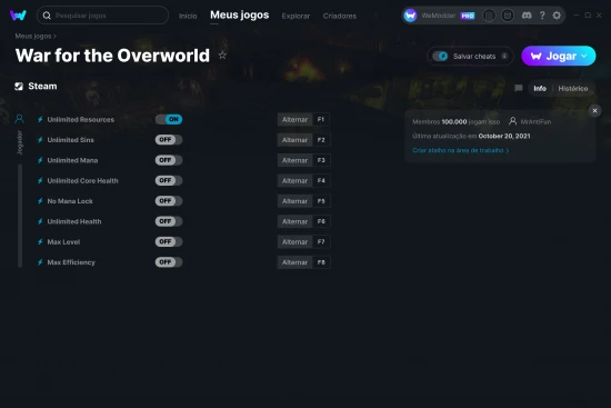 Captura de tela de cheats do War for the Overworld