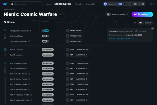 Nienix: Cosmic Warfare Cheats Screenshot