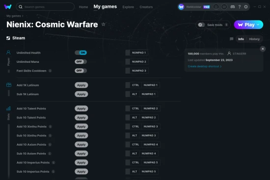 Nienix: Cosmic Warfare cheats screenshot
