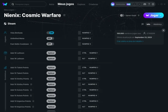Captura de tela de cheats do Nienix: Cosmic Warfare