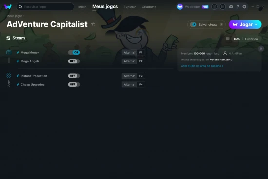 Captura de tela de cheats do AdVenture Capitalist